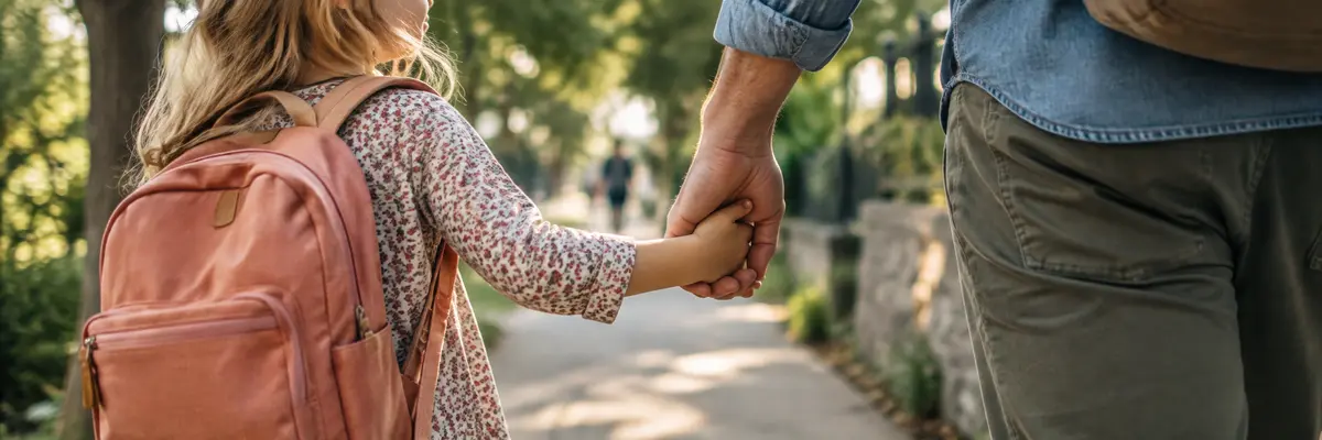 A father and daughter walking calmly toward their next destination