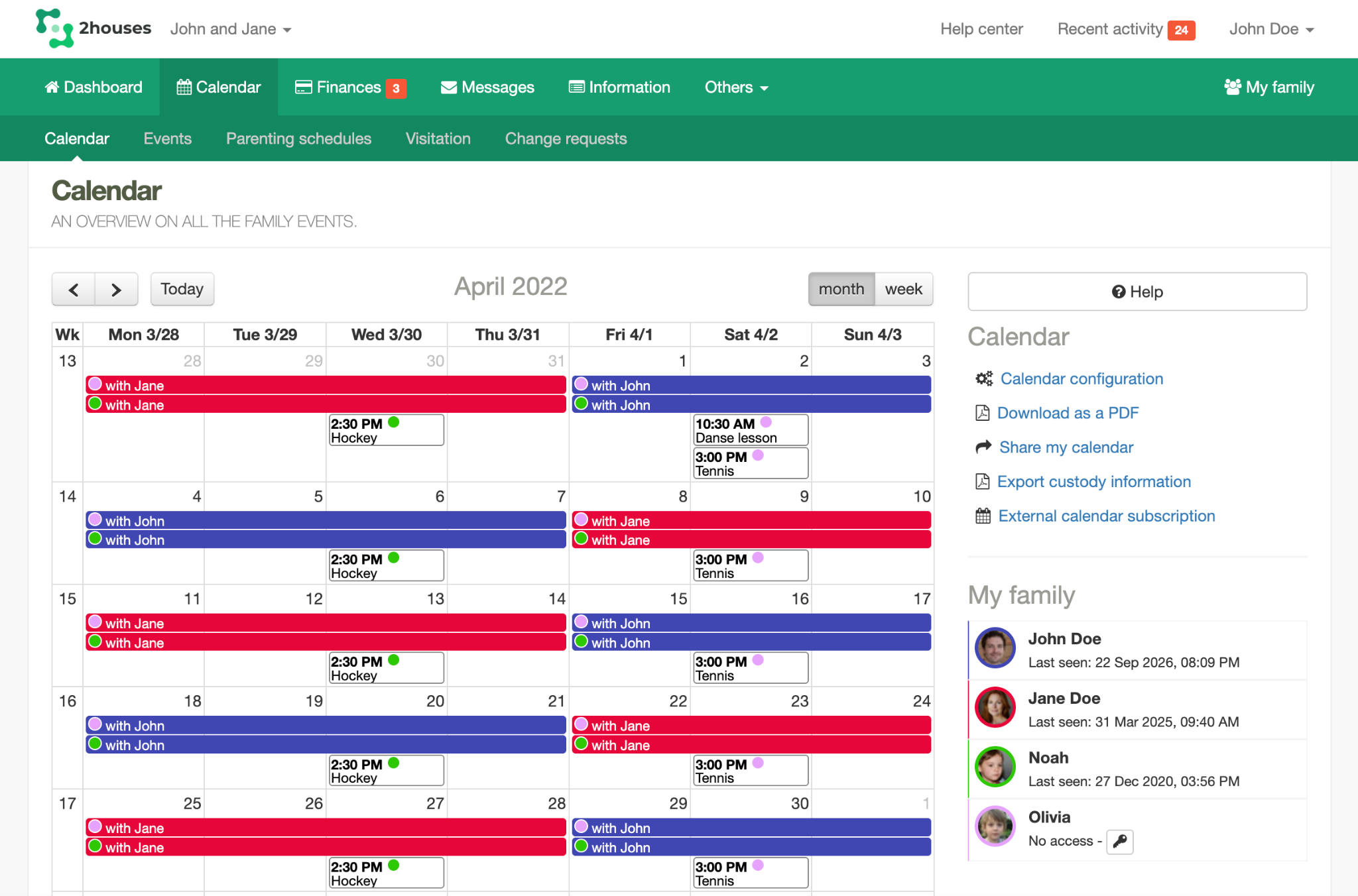 2houses shared family calendar on the web