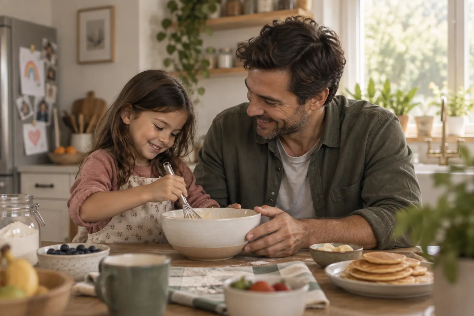 A father and his daughter making breakfast together at home
