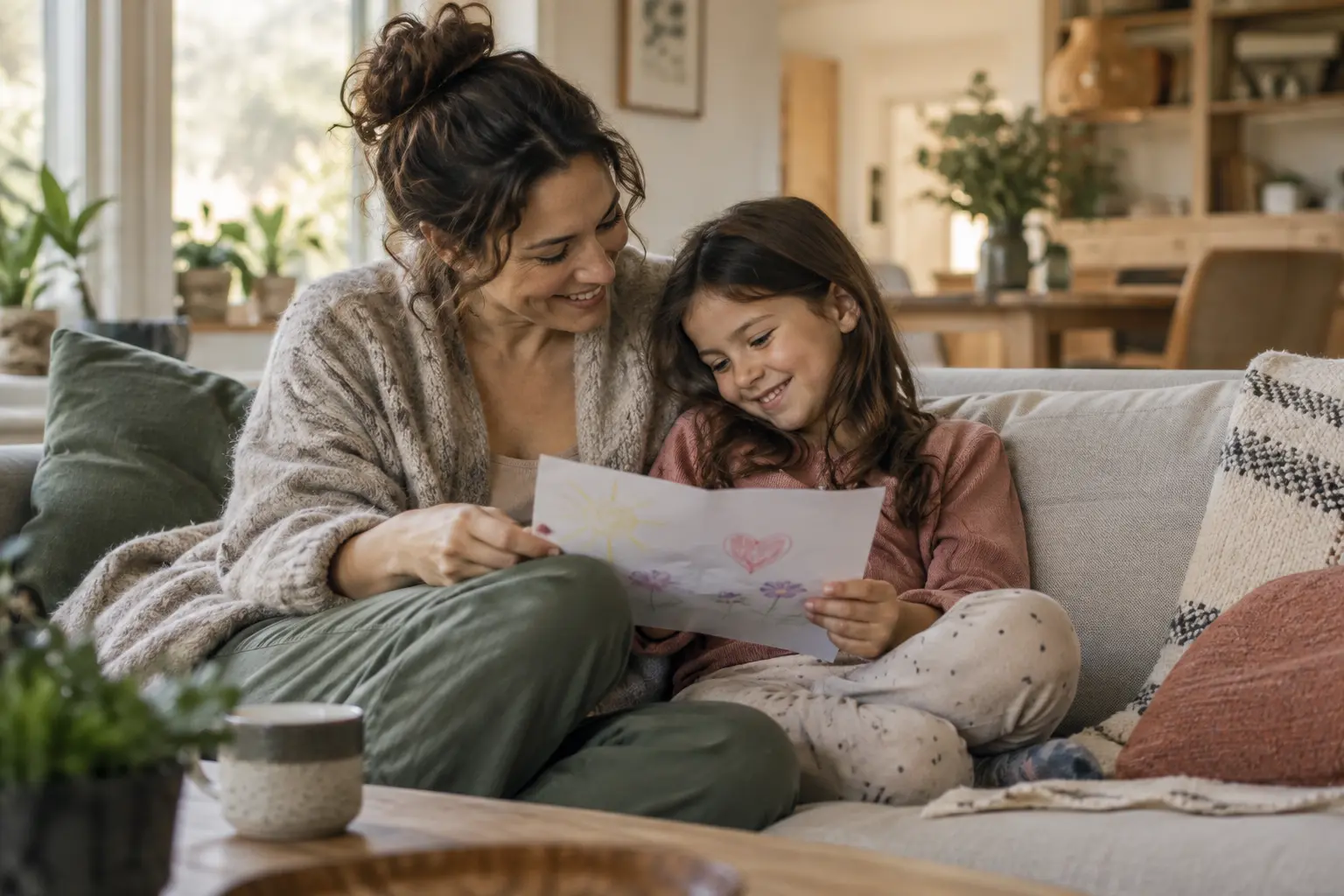 A mother and her daughter sharing a drawing at home