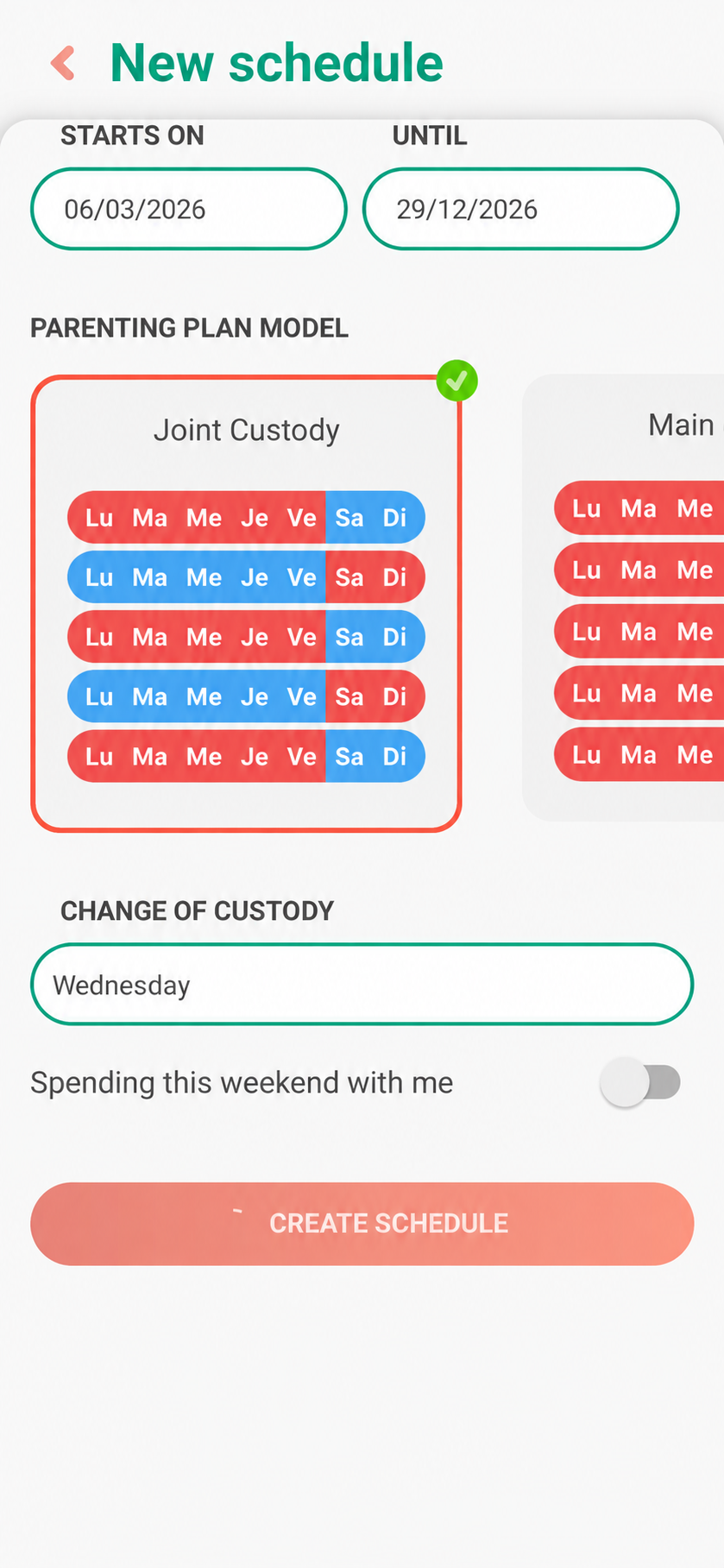 Creating a recurring parenting schedule in the 2houses mobile app